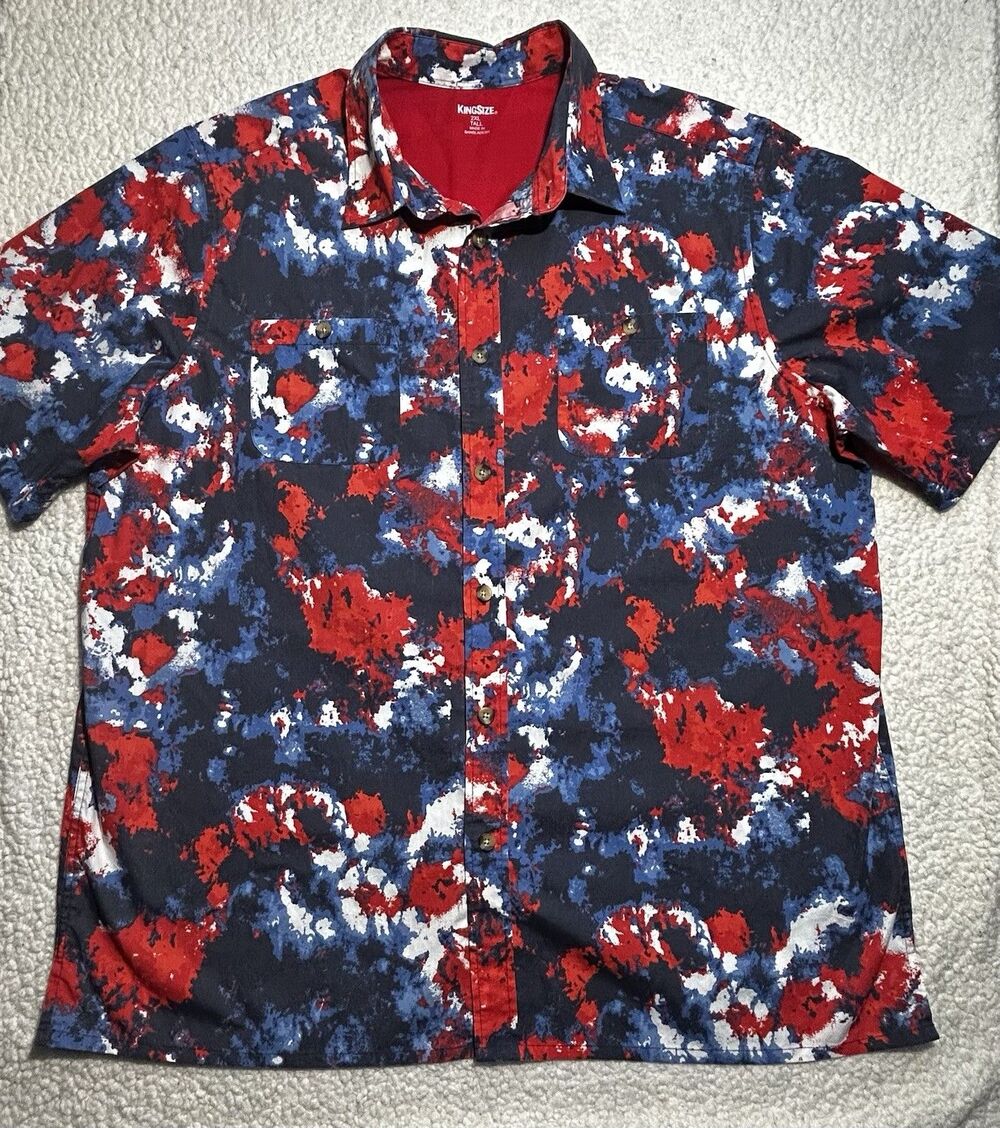 KingSize Shirt 2XL Tall Men Button Up Short Sleeve Red White Blue